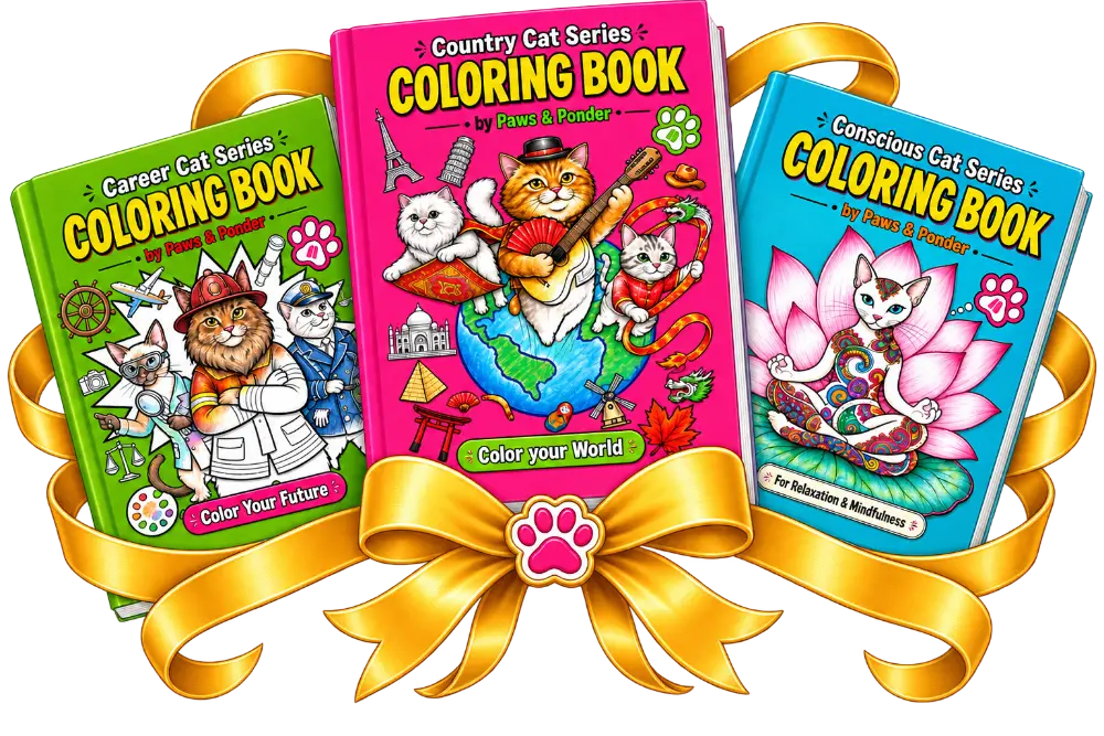 The three Pawse & Ponder coloring books fanned out: Career Cat, Country Cat, and Conscious Cat