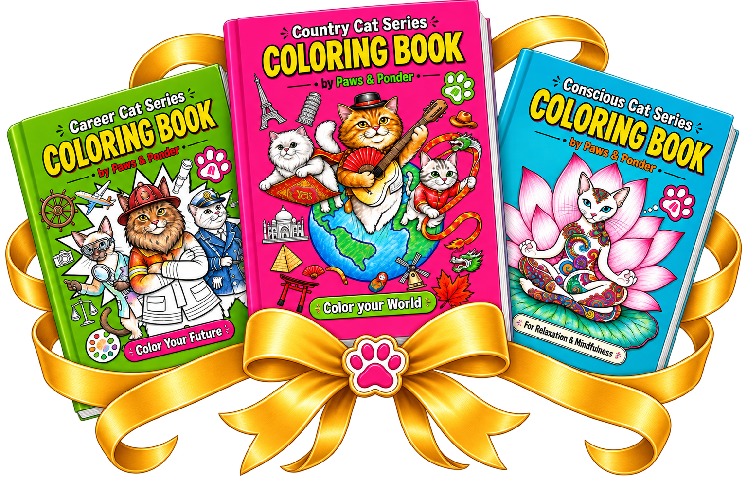 The three Paws & Ponder coloring books fanned out: Career Cat, Country Cat, and Conscious Cat